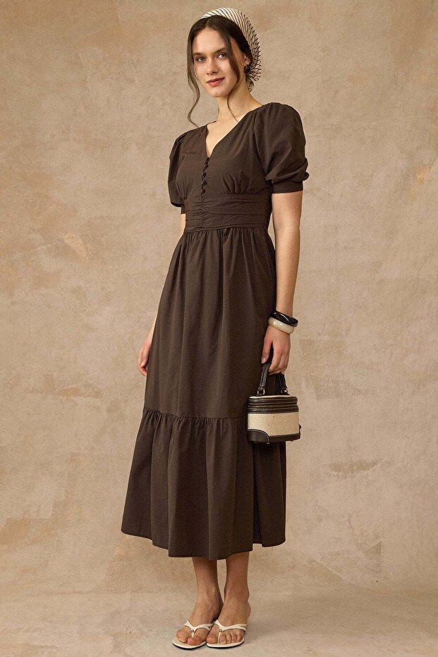 Drape Detailed Watermelon Sleeve Cotton Dress Brown 9457-E