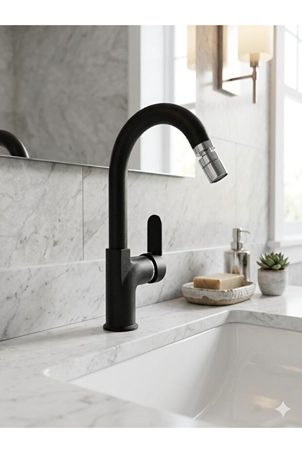 P.S.A. Ri̇va Mix Swan Sink Faucet with Black Bidet Tip (Ps1853)