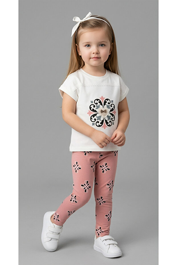Authentic Patterned Heart Detailed Girls' 2-Piece Combination Tights Set - Cotton Stretch Fabric