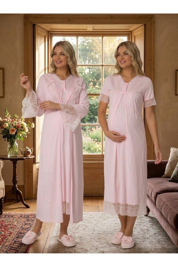 New Season Pink Stylish Lace Summer Buttoned Design Short Sleeve Maternity Maternity Dressing Gown Nightgown Set