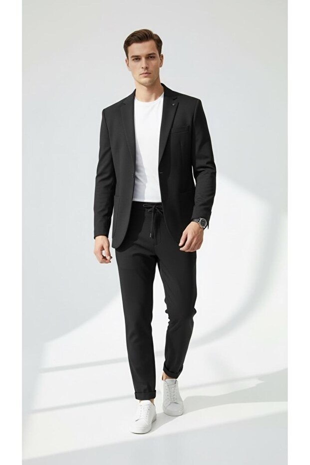 Men's Single Button Suit Jogger Pants Elastic Lace-Up Double Leg Double Slits