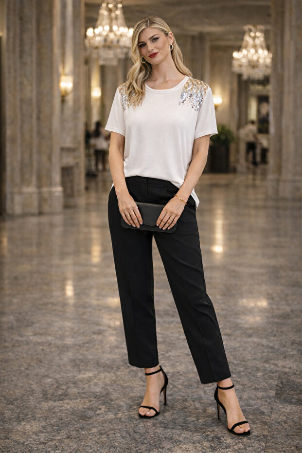 Women's Stone Embroidered T-Shirt Stylish Casual Model 26Y22019-Ekru-16