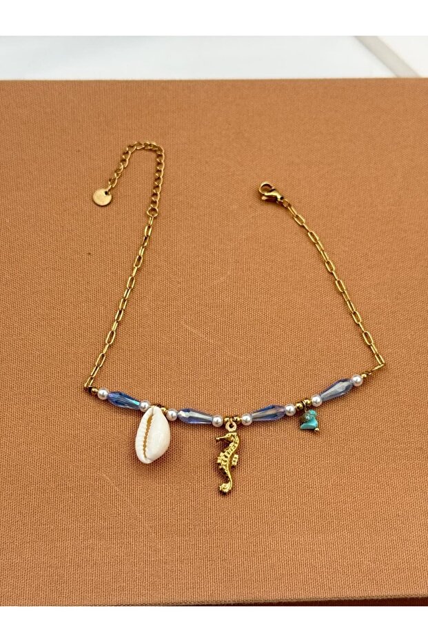 Blue Crystal Beaded Sea Horse Steel Anklet