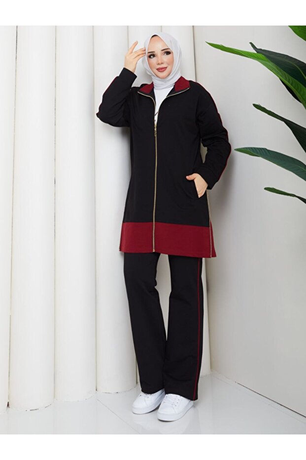 Women's 3-Piece Tracksuit Set, Two-Thread Cotton, Long Zipper N-05513 _ Black-Burgundy