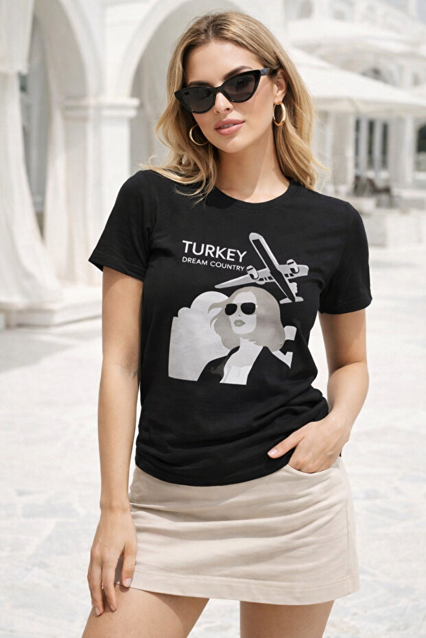 Women's Black 100% Cotton Printed Crew Neck Short Sleeve T-Shirt