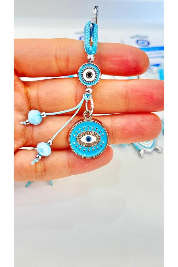 Light Blue Round Eye Patterned Silver Evil Eye Keychain