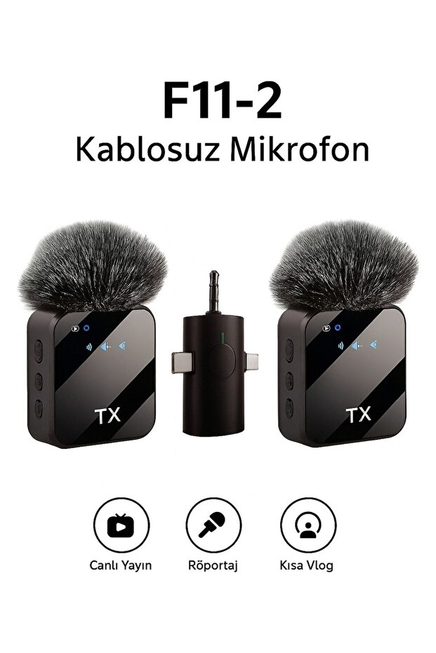 mobixom F11-2 Profesyonel 2 Li Kablosuz Yaka Mikrofonu 3in1 Mikrofon Type-C/lightning/jack