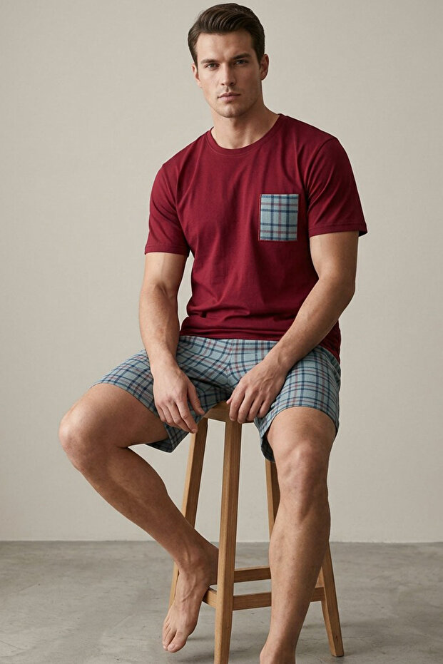 Burgundy Green Plaid Patterned Pocket Embroidery Knitted Shorts Pajama Set 7999