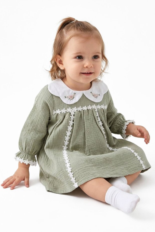 Baby Girl Green Embroidered Collared Scalloped Muslin Dress