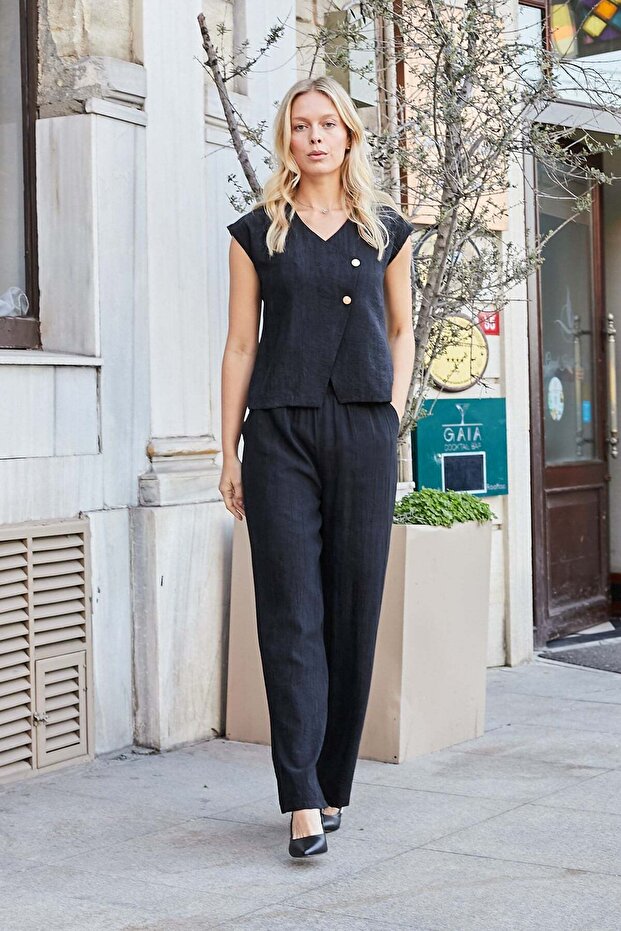 Women's Linen Look Double Breasted Wrap Off-Shoulder Vest Blouse-Black