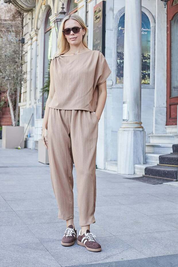 Women's Linen Look Boat Neck Asymmetrical Pleated Gathered Blouse-Camel