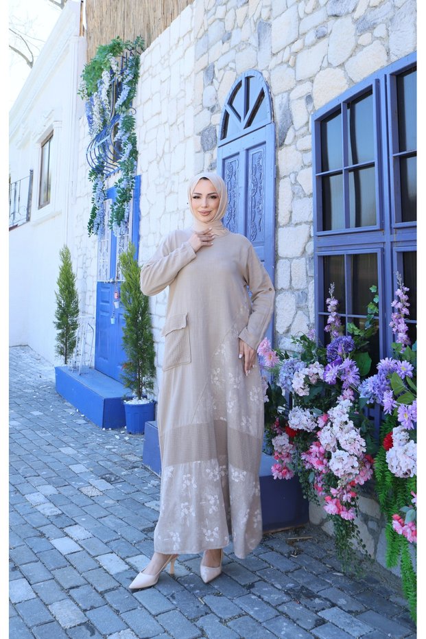 Wonderful Single-Pocket Floral Detailed 100% Cotton Special Design Linen Dress