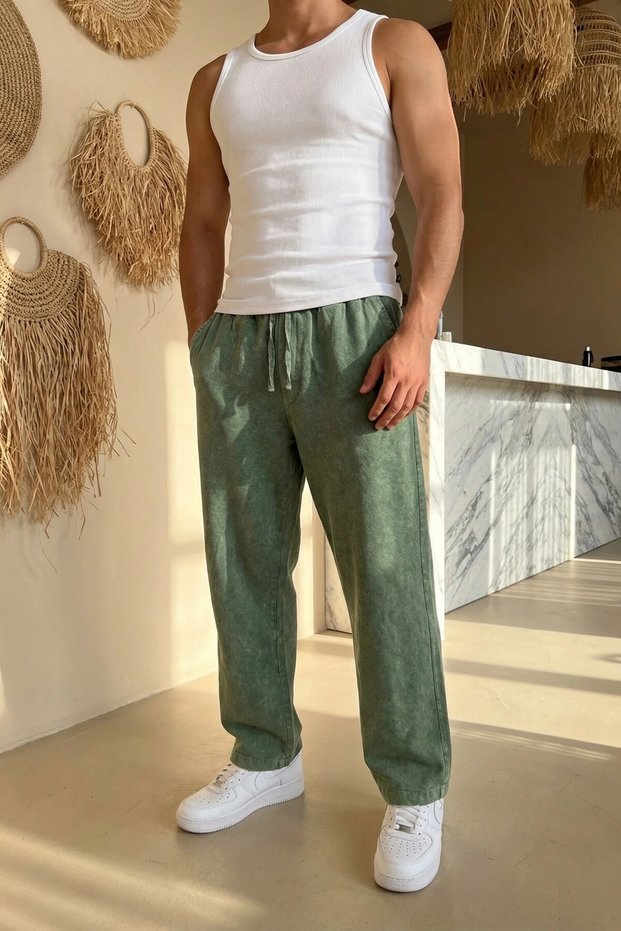 Baggy Fit Men's Elastic Waist Green Washed Linen Trousers Ls-23133