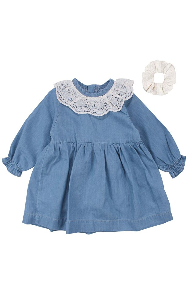 Baby Girl Ecru Lace Collared Buckle Denim Dress