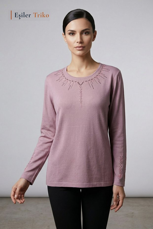 Women's Powder Column Flower Pattern Collar and Sleeves Embroidered, Stoned Mother Combed Cotton Blouse