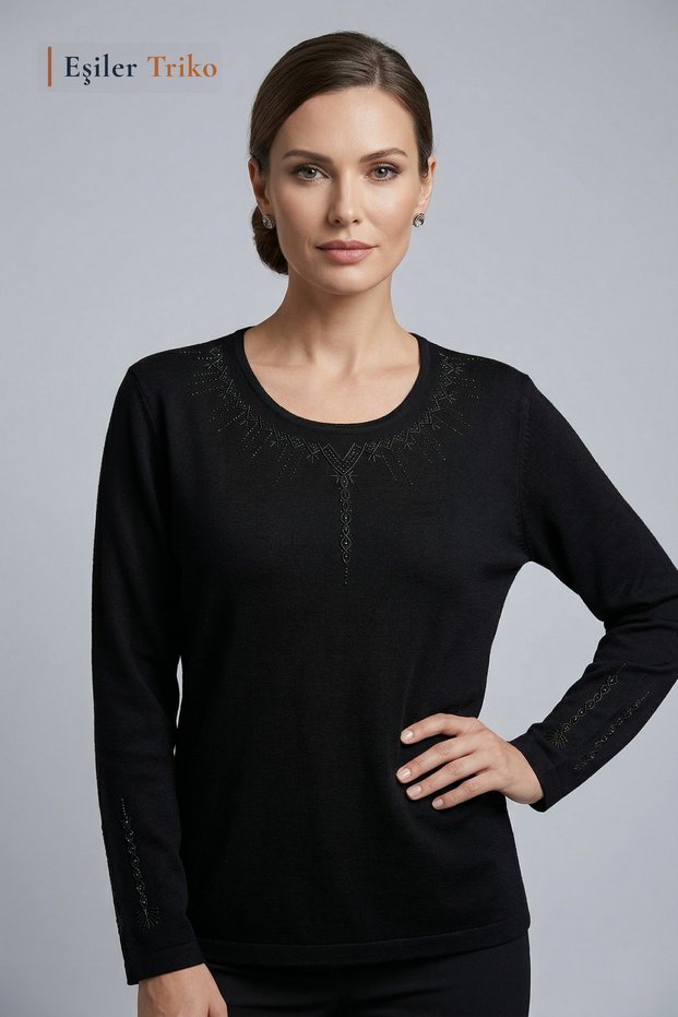 Women's Black Column Flower Pattern Collar and Sleeves Embroidered, Stoned Mother Combed Cotton Blouse