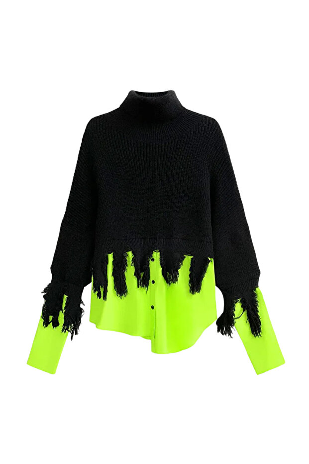 Color Contrast Patchwork Turtleneck Pullover Tassel Sweater