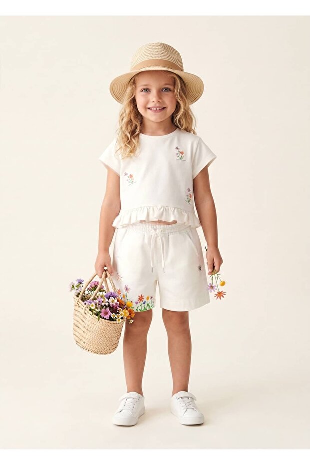 Organic Floral Printed White Little Girl's Shorts