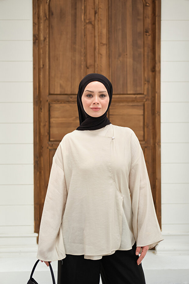 Women's Side Buttoned Inner Tie Detail Gölmke Cream