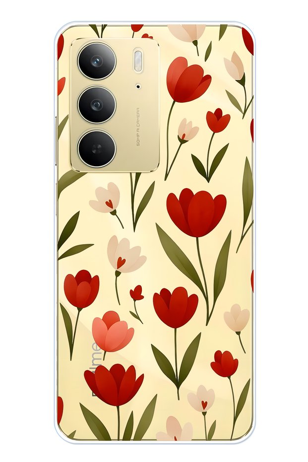 Realme C75 Compatible Red Tulip Patterned Transparent Phone Case