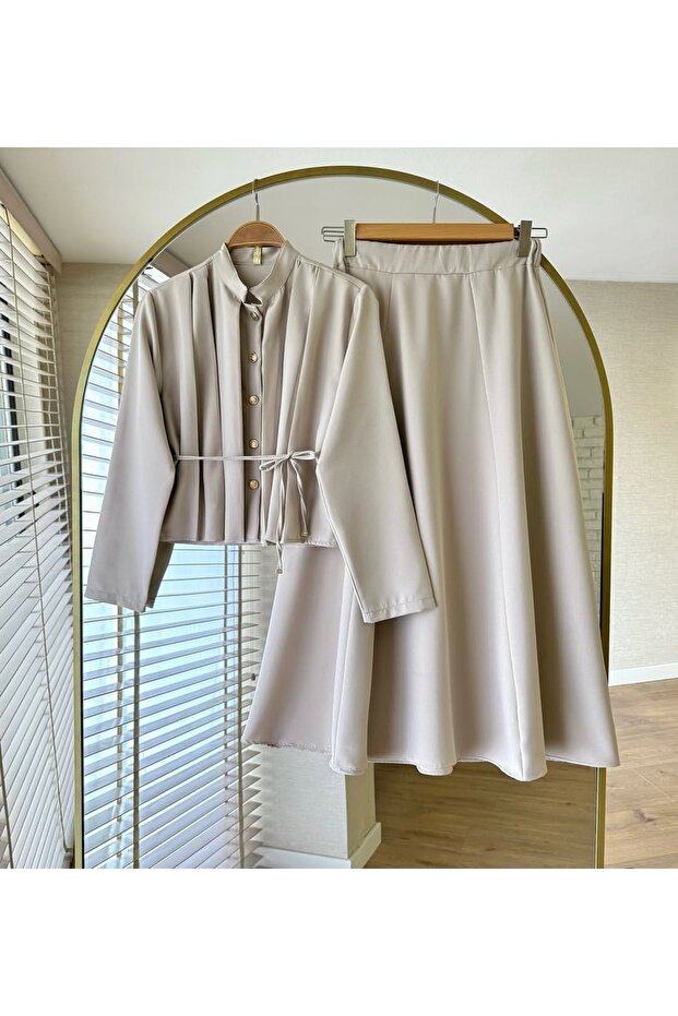 Women's Blouse Pleated Detailed Skirt Set -0550
