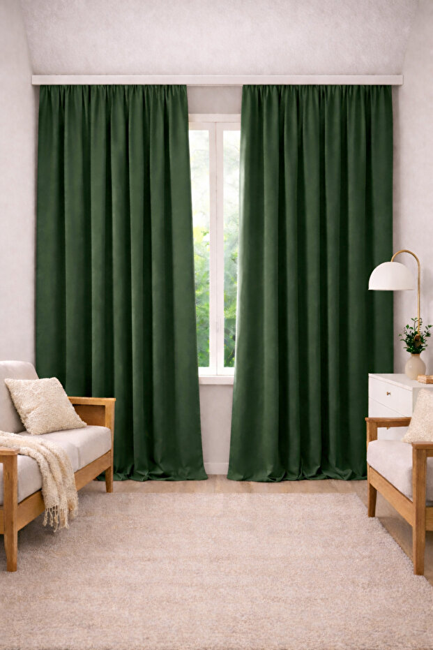 Linen Look Single Wing Extra Foam Living Room Kitchen Background Curtain Green