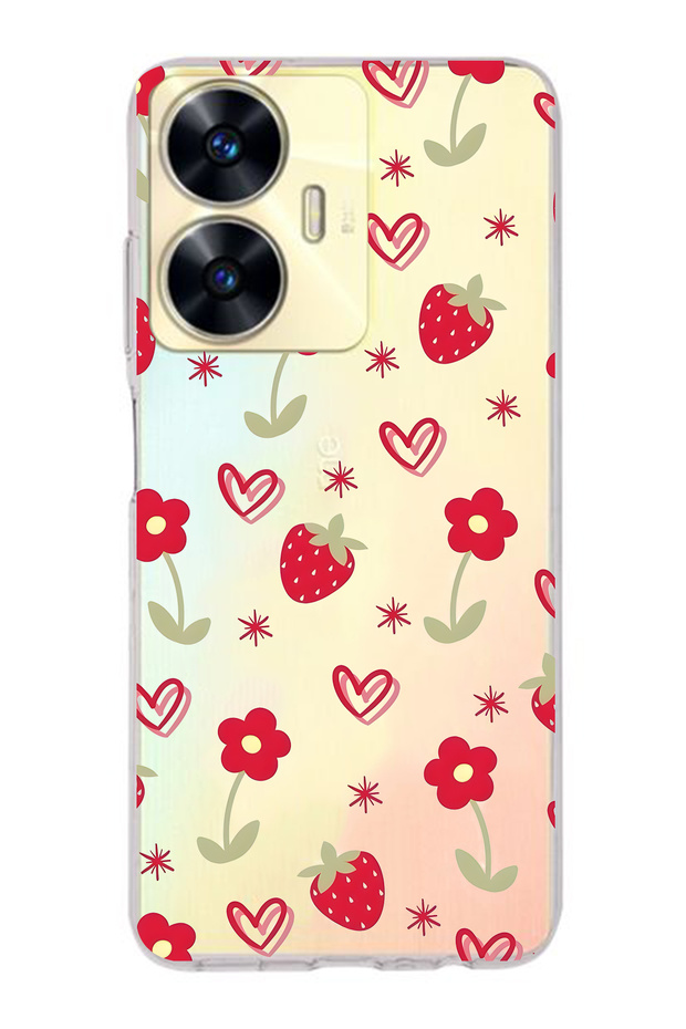 Realme C55 Compatible Strawberry and Heart Pattern Transparent Phone Case