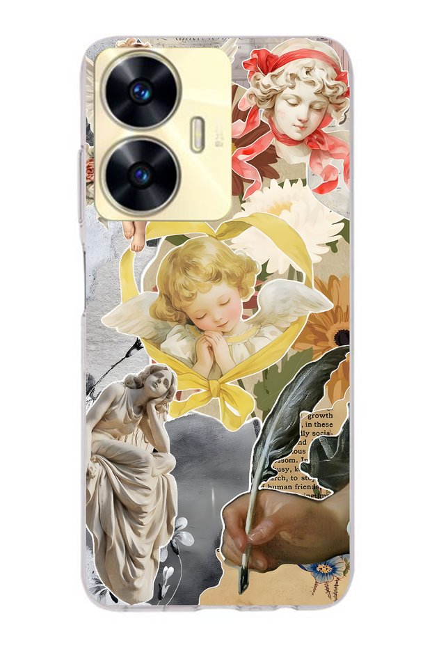 Realme C55 Compatible Transparent Phone Case with Angels and Sculpture Collage Pattern