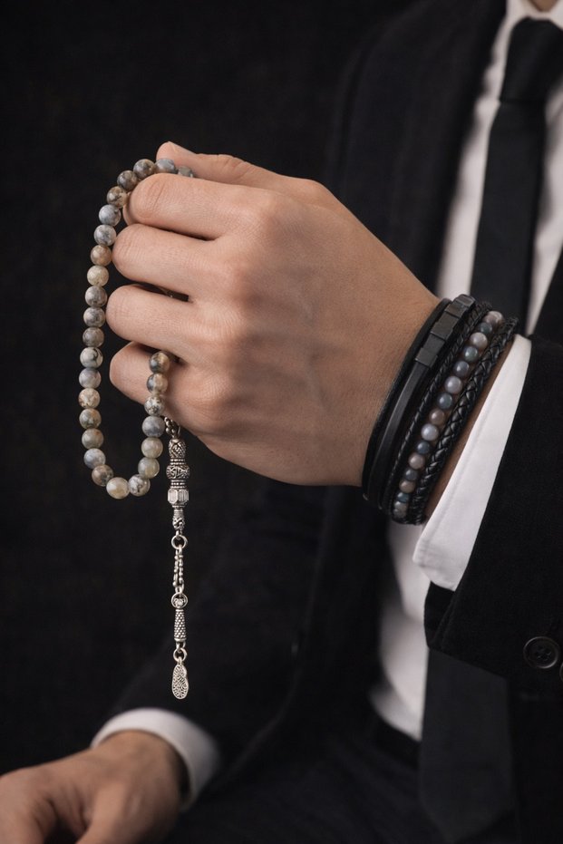 Men's Natural Stone Prayer Beads and Bracelet Set – Stylish Gift Set with Agate & Tiger's Eye Stones, 4 Color Options