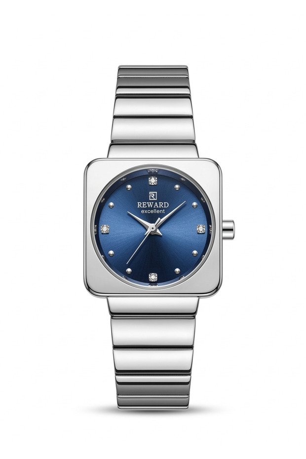 Women's Silver Metal Cord Square Case Navy Blue Dial Stone Wristwatch 2 Years Warranty