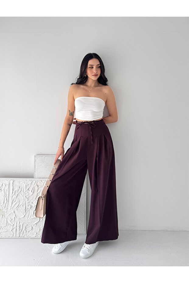 Trendy Wide Leg Zippered High Waist Lace-Up Pleated Palazzo Pants