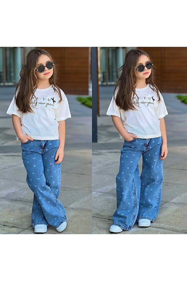 Girl's T-Shirt Blue Heart Pants Set-2637M