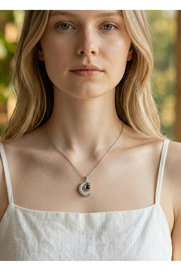 Steel Silver Stone Moon Necklace - 25Ctr415