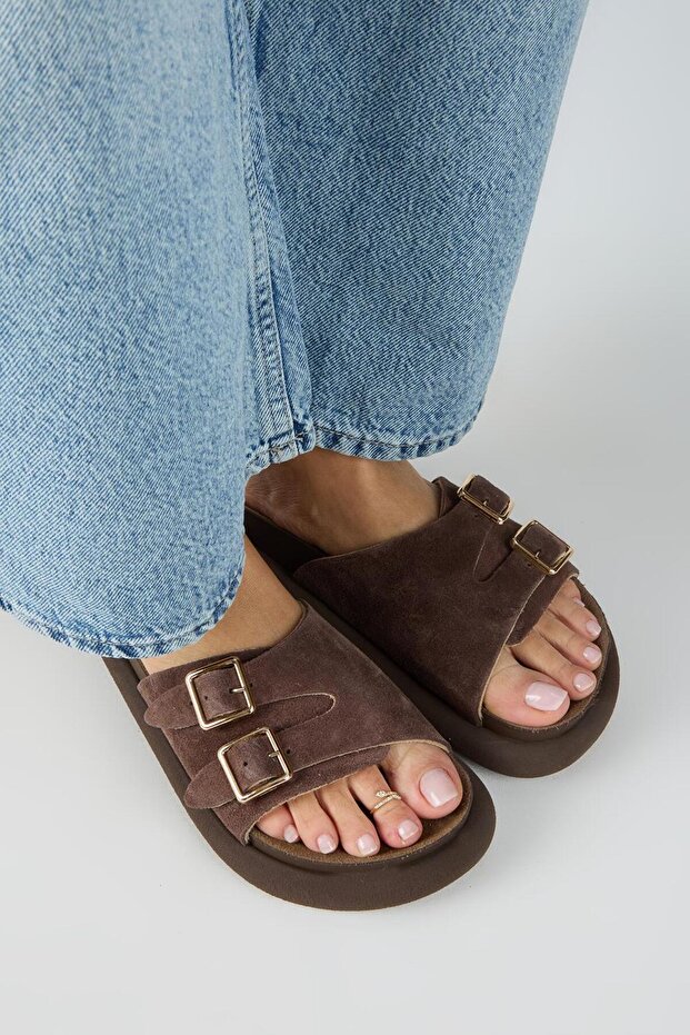 Lirio Women's Genuine Leather Single Strap Double Buckle Brown Slippers