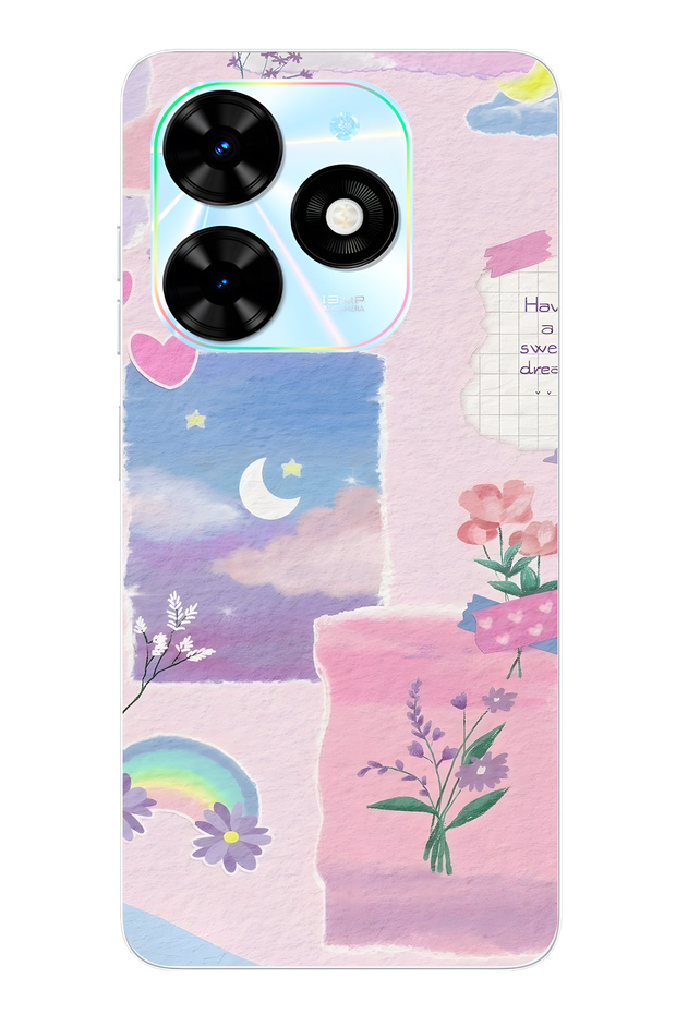 Tecno Spark 20 / 20C Compatible Pastel Floral Moon and Rainbow Pattern Transparent Phone Case