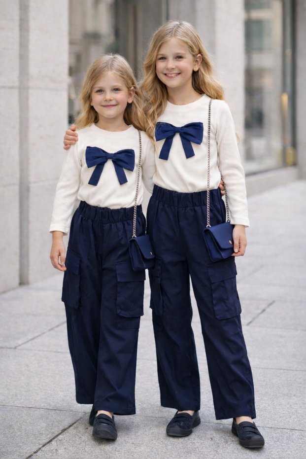 Girl's Bowknot Detailed Bady & Cargo Pocket Knee Pleat Detailed Wide Leg Pants & Bag Set