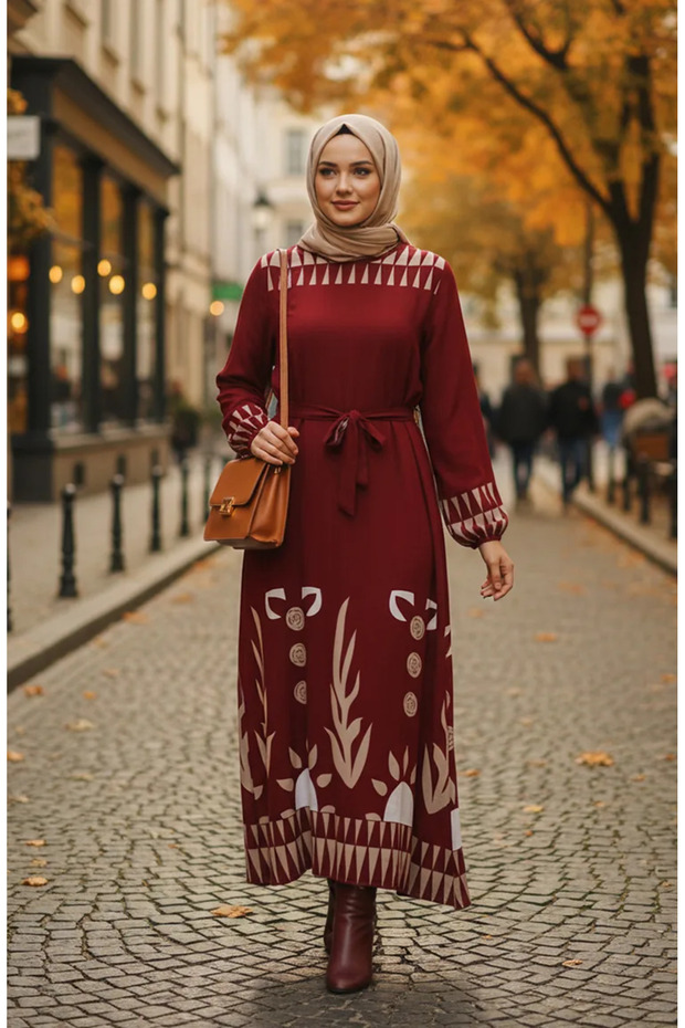 Patterned Belted Viscose Hijab Dress with Elastic Sleeves 2207-02 Claret Red
