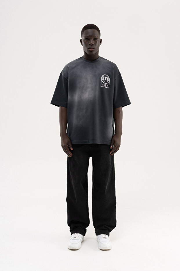 Men's m Logo Printed Washable Oversize T-Shirt Black