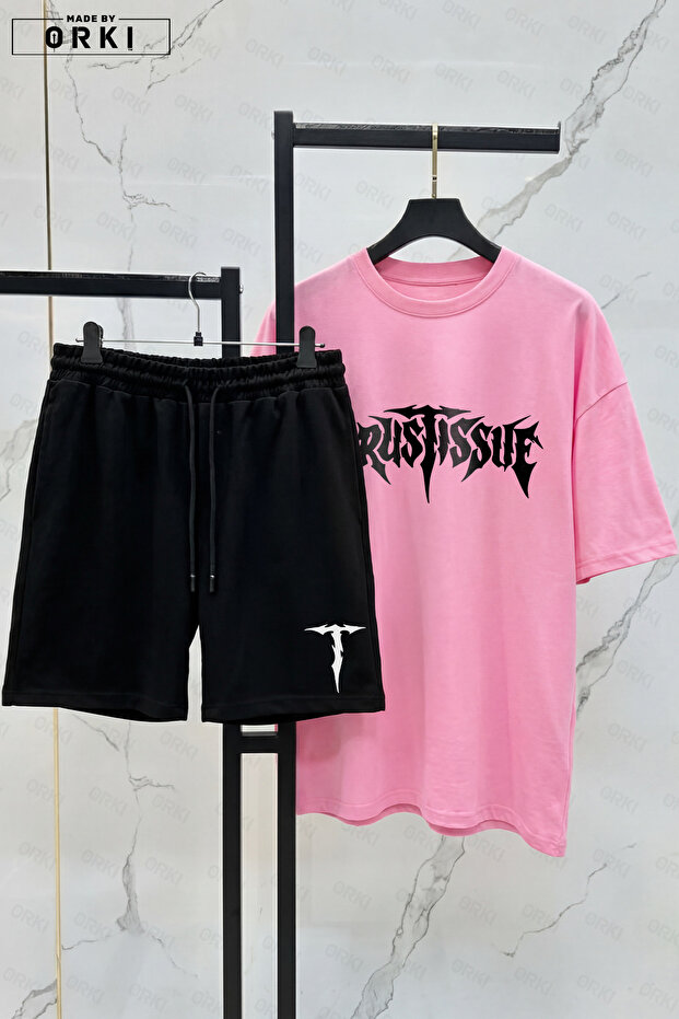 Trust Problem Printed Cotton Fabric Men's Light Pink T-Shirt - Black Shorts Set