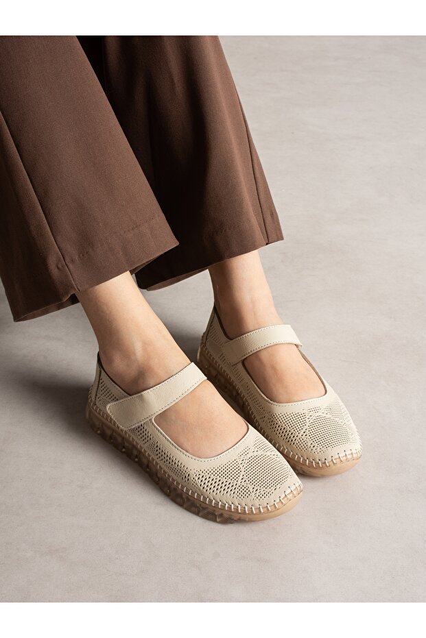 Mari̇o Cream Genuine Leather Women's Ballerinas