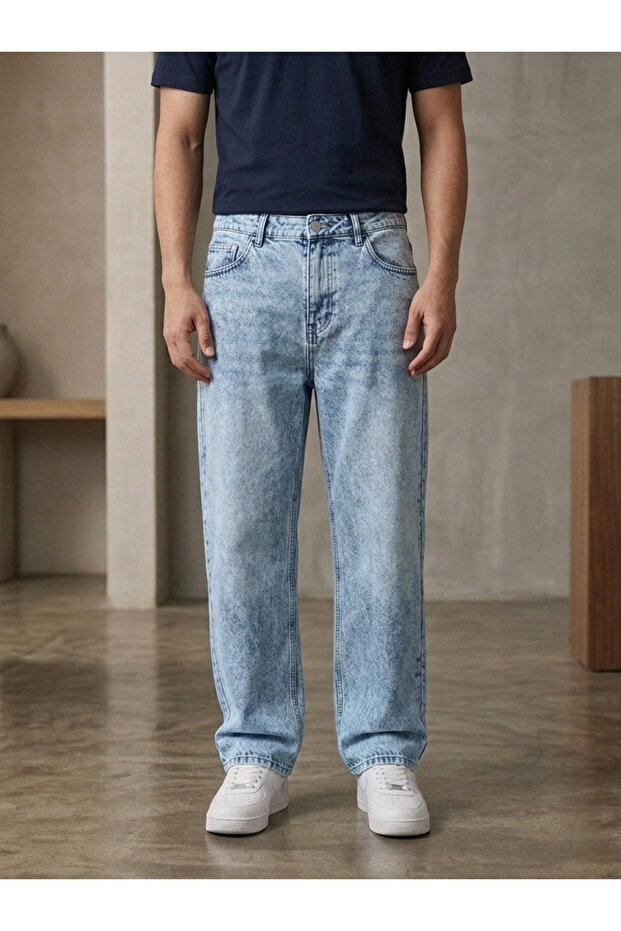 Men's Ice Blue Jean Trousers Baggy Cut Standard Length Normal Waist