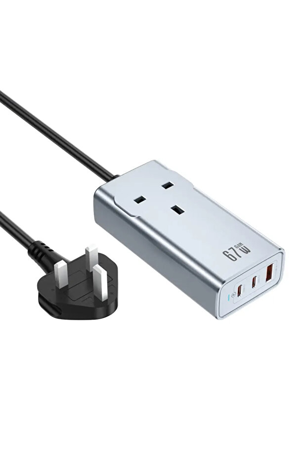 67W GaN Premium AC Socket UK Plug, Multi-Port Charger with 2 USB-C PD, USB-A QC, 2200W AC Outlet