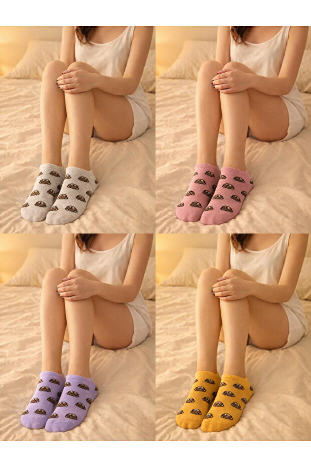 Women's Mixed Color 4-Piece Small Bear Patterned Booties Socks