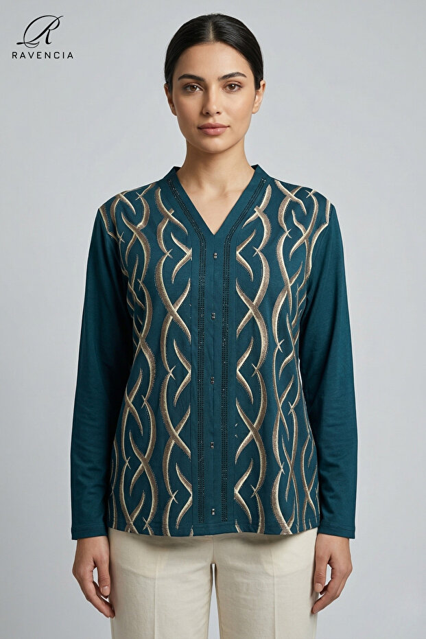 Women's V-Neck Line Pattern Printed Glittery Stone Lycra Mother Combed Cotton Blouse