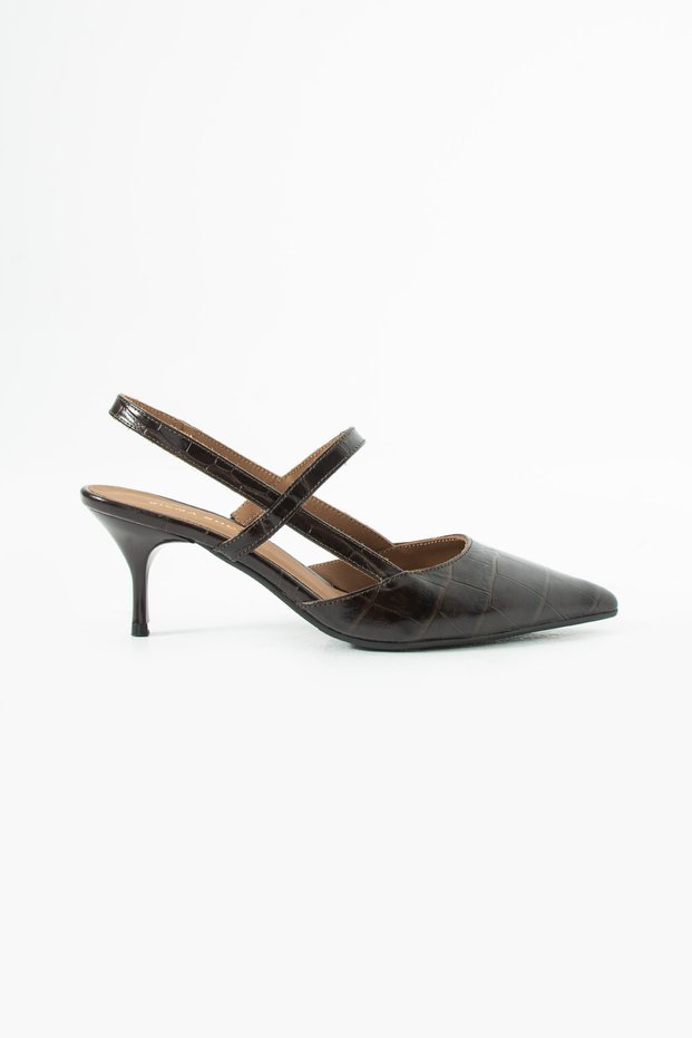 Vexa Women's Elastic Genuine Leather Heeled Shoes Brown Crocodile
