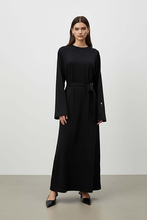 Women's Belt Detailed Comfortable Cut Long Dress Black 12671Elb