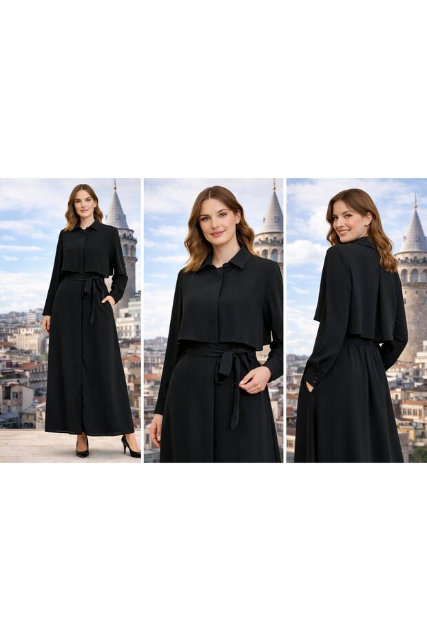 Women's Hijab Belted Cepken Detailed Casual Modern Cut Ferace