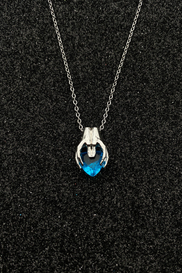 Ocean Blue Crystal Heart Pendant with Hand Figured Steel Chain