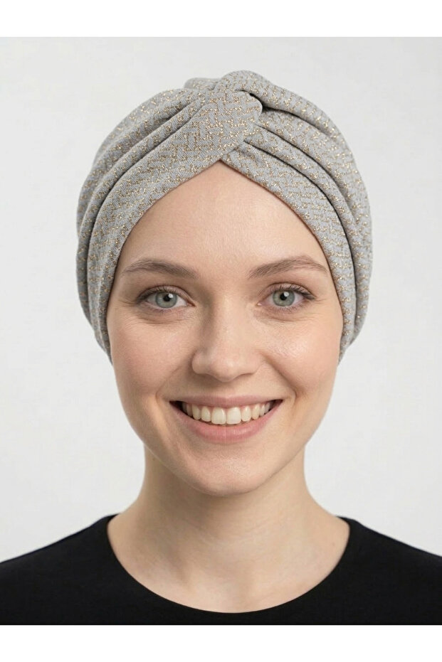 Cross Patterned Foil Lined Grey-Gold Ready-To-Wear Turban Hijab Cap Suitable for Medical Use