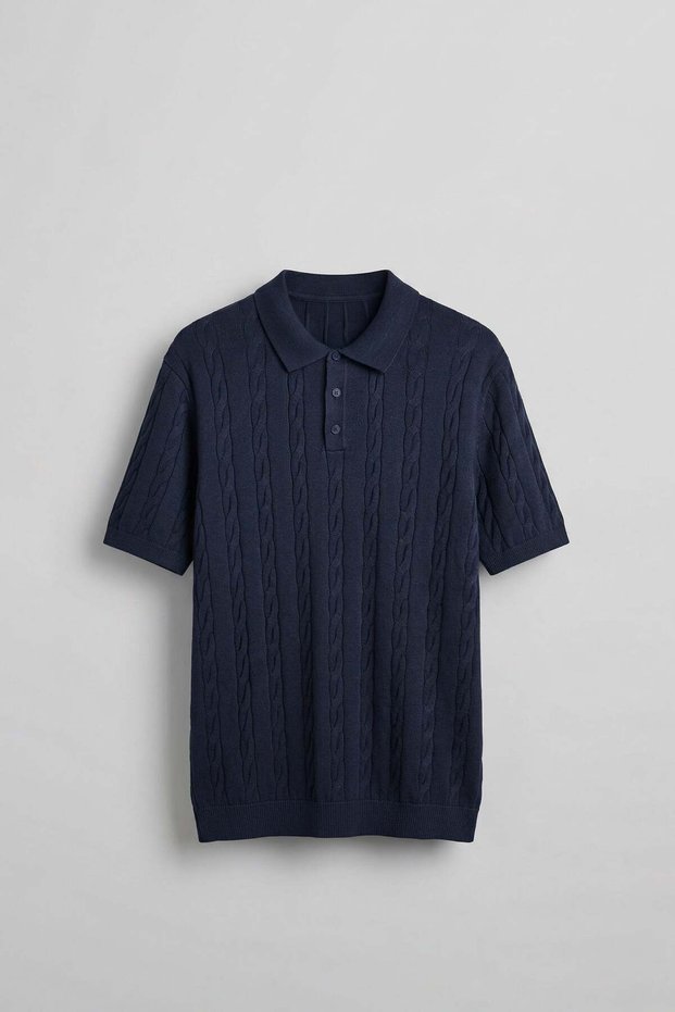 Men's Regular Fit Hair Knit Cotton Knitwear Polo Neck T-Shirt Navy Blue